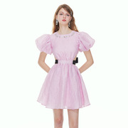 设计师品牌 EIMISMOSOL 粉色泡泡袖后背镂空系带连衣裙 23春夏新