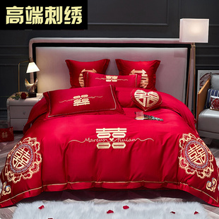 婚庆喜事结婚床上用品四件套大红色新婚床品喜庆刺绣红色被套床单