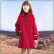 女大童毛呢大衣秋季洋气红色新年衣服中大童，女孩毛呢外套加厚夹棉
