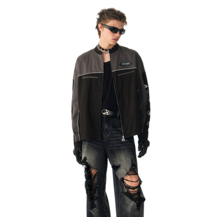 IMXS复古拼接夹克外套休闲黑色宽松水洗长袖圆领设计感美式上衣男
