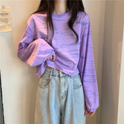 紫色扎染条纹t恤女装2023早秋季宽松短款长袖小众设计感上衣