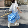 赫本风淡蓝色半身裙中长款日系小众设计感不规则裙摆高腰a字伞裙