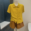 polo衫短袖t恤女夏季衬衫小众，姜黄色(姜黄色，)针织开衫翻领上衣