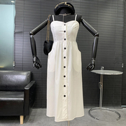 2件8折吊带裙连衣裙，纯色无袖高腰显瘦简约时尚单排扣长裙g#25