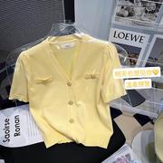 小香风黄色冰丝针织开衫短袖t恤女夏季法式高级感薄款短款V领上衣