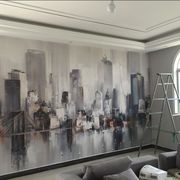 北欧手绘抽象城市油画艺术壁纸，客厅电视背景，墙纸个性纽约建筑壁画