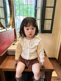 婴童毛衣春装镂空小开衫，女童宝宝洋气百搭大荷叶领针织外套