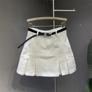 韩国洗水棉白色牛仔百褶裙，2024夏季韩版高腰防走光包臀短裙女