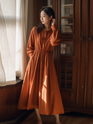 橘色长袖衬衫连衣裙早秋女装2023高端精致超火收腰v领长裙子
