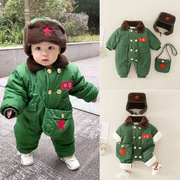 东北军冬大衣婴儿衣服，加绒加厚棉袄保暖宝宝连体，棉衣绿色哈衣爬服