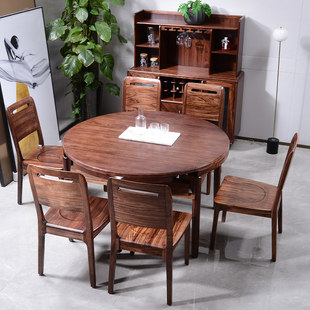 纯乌金木实木餐桌椅套装，餐边柜组合一桌六椅方圆两用饭桌