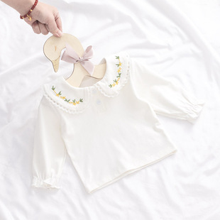 女童打底衫纯棉新生婴儿t恤长袖宝宝衬衣，公主白色绣花翻领娃娃衫