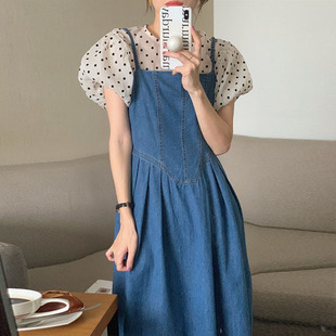 韩国chic夏季气质圆领波点泡泡袖，衬衫+方领收腰显瘦牛仔连衣裙女