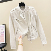 韩国春秋2023修身机车真皮米，白色皮衣女士短款宽松时尚小外套