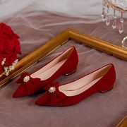 平底结婚鞋女秀禾婚纱，两穿2023年秋季红色，敬酒新娘鞋孕妇防滑