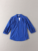 外贸原单简女v领洁精致感的金属丝混纺，竖条纹宽松宝蓝色长袖衬衫