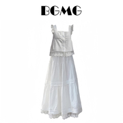 白色两件套裙子蕾丝花边，小飞袖上衣高腰a字裙半身裙，休闲时尚套装