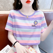 纯棉条纹短袖t恤女夏装2023宽松设计感小众体恤衫紫色上衣潮