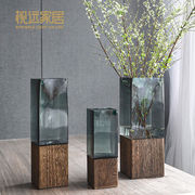 新中式实木花瓶摆件客厅，插花玻璃干花富贵竹，落地大装饰轻奢水培