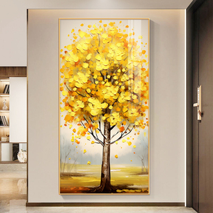 黄金树玄关装饰画发财树非手绘油画竖版现代客厅走廊过道壁画挂画