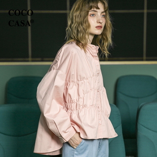 cococasa设计感新纯棉白遮肚子上衣粉色娃娃款衬衫女2024春秋宽松