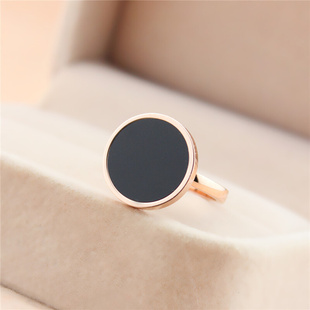 18k玫瑰金食指(金食指，)戒指女日韩黑色圆盘，钛钢个性学生复古指环