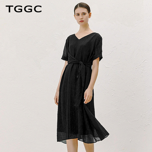 台绣雪纺连衣裙2024夏季收腰系带，设计显瘦短袖，a字黑色女长裙