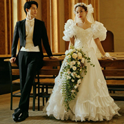 影楼主题服装2023年情侣写真拍照礼服法式复古花朵袖齐地婚纱