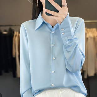 2025年新款醋酸缎面POLO领中长款衬衫女士宽松百搭单排扣收腰外套