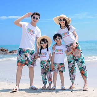 夏威夷泰国风亲子装沙滩套装一家三口海边度假旅游拍照母女父子装