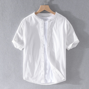 白色纯棉立领短袖衬衫男士休闲圆领，水洗打底修身牛津纺衬衣男寸潮