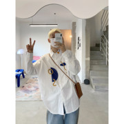 hozi2023春秋高级感白衬衫，男设计小众，轻熟韩版印花长袖衬衣外套