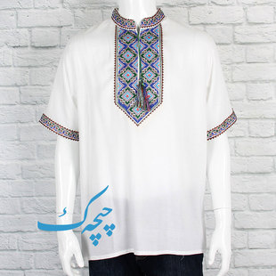 情侣刺绣衬衫女立领短袖，新疆民族风上衣kanway绣花衬衣男员工t恤