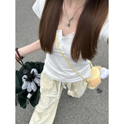 白色正肩蕾丝花边短袖t恤女夏季bm法式短款甜辣妹设计感小众上衣