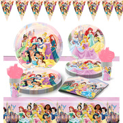 迪士尼七公主生日派对装饰桌布蛋糕纸盘纸杯帽拉旗气球背景布叉
