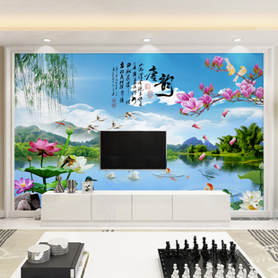 5d中式客厅电视背景墙壁纸8d立体壁画山水，风景影视墙布3d墙纸荷花
