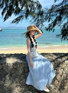 三亚海边度假沙滩裙女夏气质(夏气质)蓝色格子，绑带露背吊带连衣裙两件套装