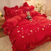 大红色床裙四件套珊瑚绒，冬季结婚婚礼婚嫁床上用品，牛奶绒婚庆新婚