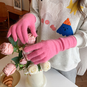 韩版ins风兔毛绒可爱保暖针织毛线手套长款少女，粉色加厚柔软防寒