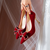 中式婚鞋女2022年酒红色高跟鞋不累脚秀禾婚纱两穿新娘鞋