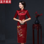 真丝绣花旗袍春秋款旗袍高档复古妈妈喜婆婆礼服婚宴礼服气质旗袍