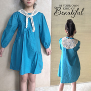 女童秋装连衣裙韩版洋气蓝色披肩裙，宽松棉长袖童裙