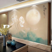 新中式电视沙发背景墙壁纸意境水墨茶室8d立体壁画荷花禅意墙壁布