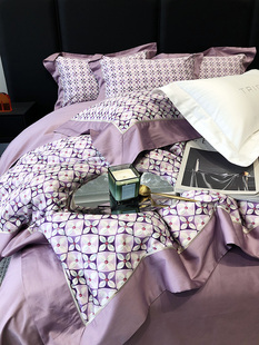 高端轻奢婚庆100s长绒棉四件套轻奢数码印花紫色，结婚被套床上用品