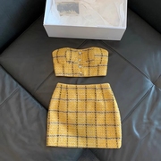 Lux系列 上东区富家女黄色小香格子抹胸高腰短裙套装