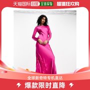 香港直邮潮奢asos女士，设计缎面长袖蕾丝，嵌花玫红色粉色长款连衣