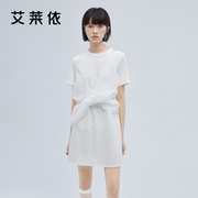 艾莱依高级感连衣裙女夏季法式小众设计白色拼接T恤裙子短裙