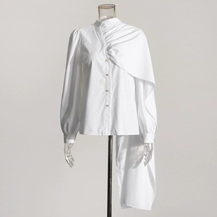 2024春夏女装不对称披肩飘带拼接白色长袖衬衣设计感珍珠纽扣小衫
