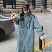 韩国羊羔毛牛仔(毛牛仔)派克服女冬季韩系加绒，加厚中长款过膝棉服外套