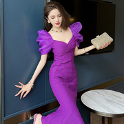 法式复古紫色V领过膝连衣裙优雅气质泡泡袖修身鱼尾长裙20503